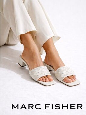 Marc Fisher Women White Woven Square Toe Slide Sandals Block Heel Size 9.5